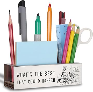 WINOESHE Stainless Steel Pencil Holder with Whats The Best That Could Happen & Optimistic Dog Design, Positive Office Gift for Team Member, Uplifting Desk Organizer for Work Friend HUE25
