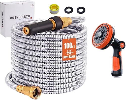 Rosy Earth Expandable Metal Garden Hose 100 FT with Garden Hose Nozzle