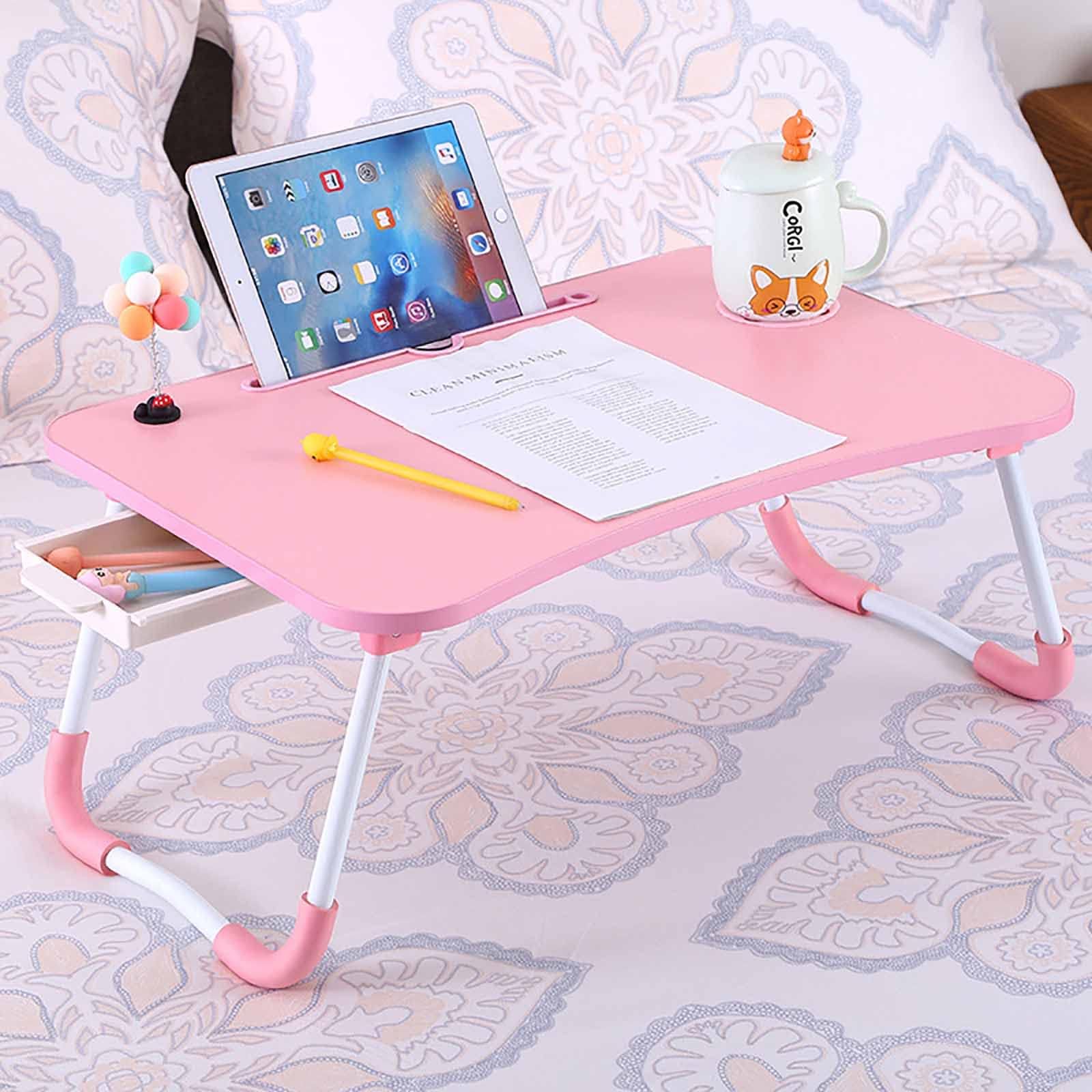Scrivania per Laptop Multifunzionale Supporto per Laptop Pigro Tavolino Pieghevole Portatile Tavolino da Letto con Cassetto Portaoggetti,Pink