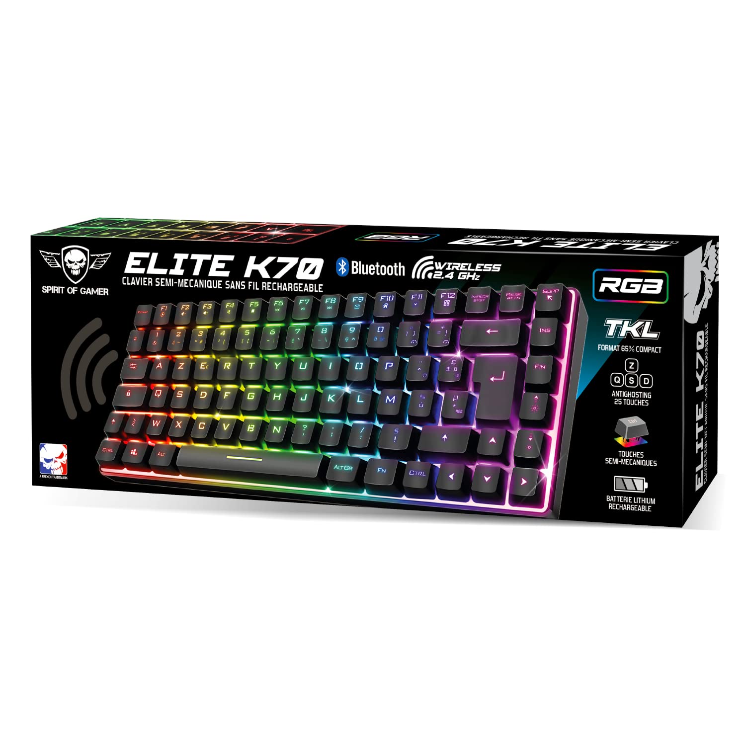 SPIRIT OF GAMER - Teclado Inalambrico RGB - Teclado Gaming TKL 65% - Teclas Semimecánicas Incluyendo 25 Anti-Ghosting - Conectividad Inalámbrica y Bluetooth - Compatible PC Gamer, Smartphone, Tablet