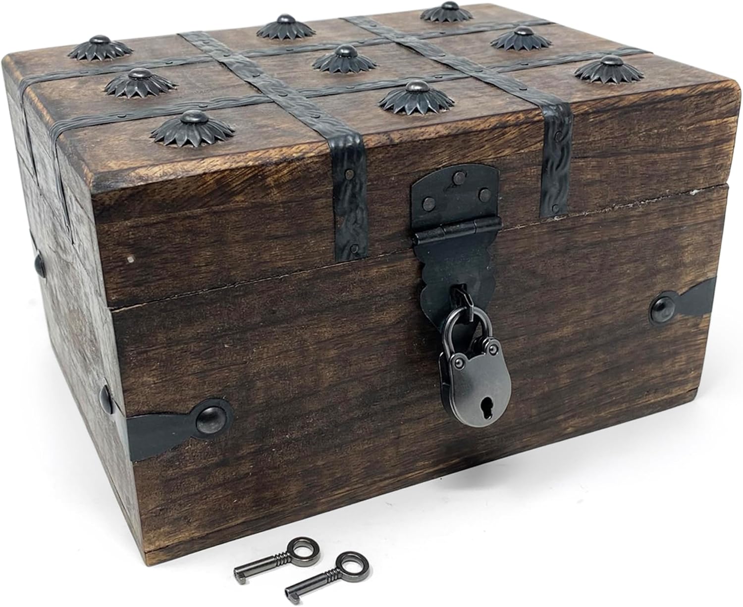 Nautical Cove Treasure Chest Wooden Box with Antique Iron Lock and Skeleton Key (Small 8x6x4.5) - Storage and Decor – Pirate Keepsake Chest, Decorative Storage Box with Hinged Lid