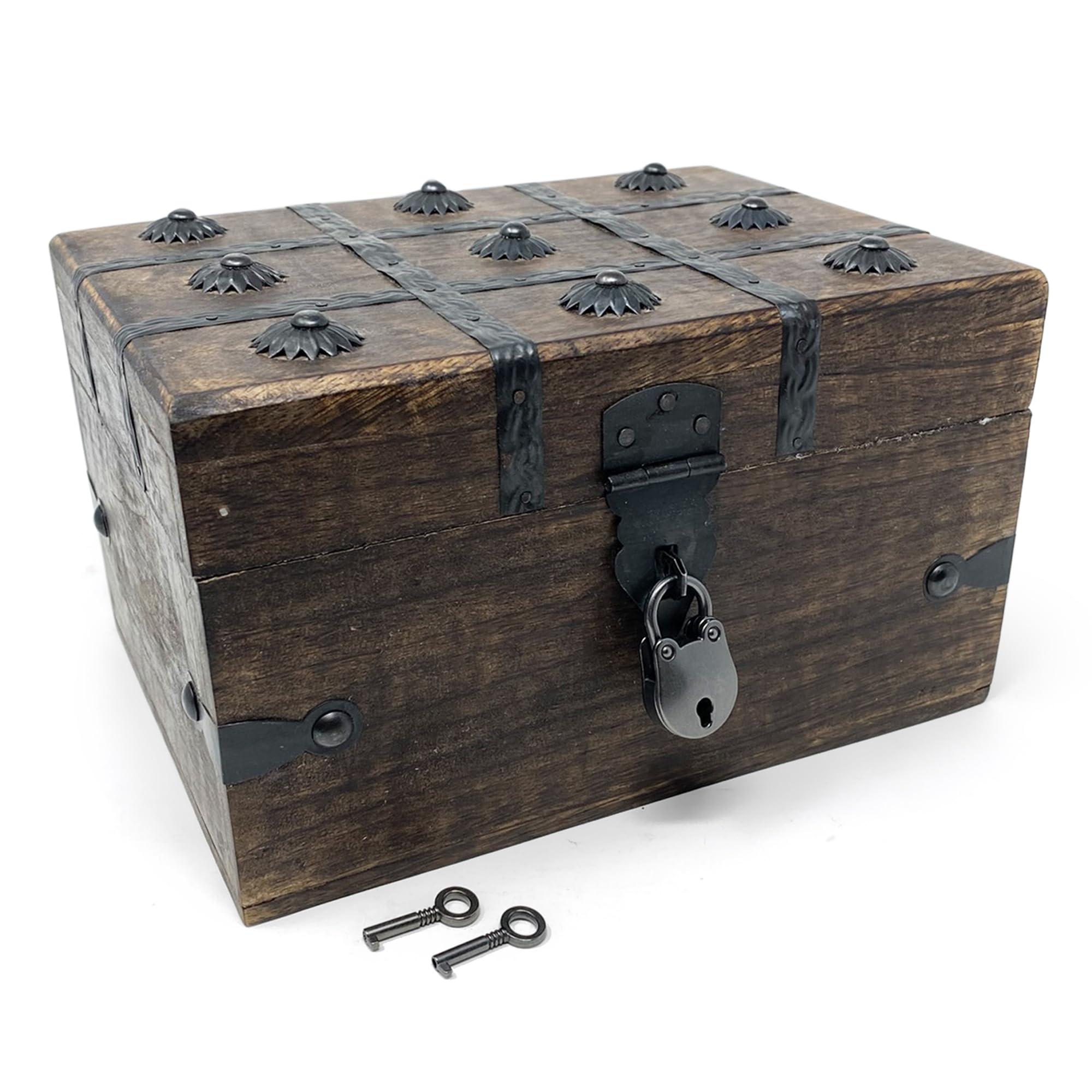 Nautical Cove Treasure Chest Wooden Box with Antique Iron Lock and Skeleton Key (Small 8x6x4.5) - Storage and Decor – Pirate Keepsake Chest, Decorative Storage Box with Hinged Lid