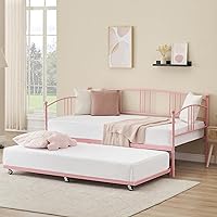IDEALHOUSE Pink Twin Daybed with Trundle, Metal Pull-Out Sofa Bed Frame, 6 Casters Steel Slats for Bedroom Guest Room