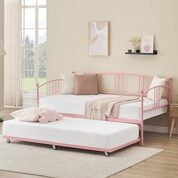 IDEALHOUSE Twin Daybed with Trundle, Metal Twin Size Daybed with Pullout Trundle 6 Casters, Steel Slat Support Sofa Bed for Living Room, Bedroom, Guest Room Pink