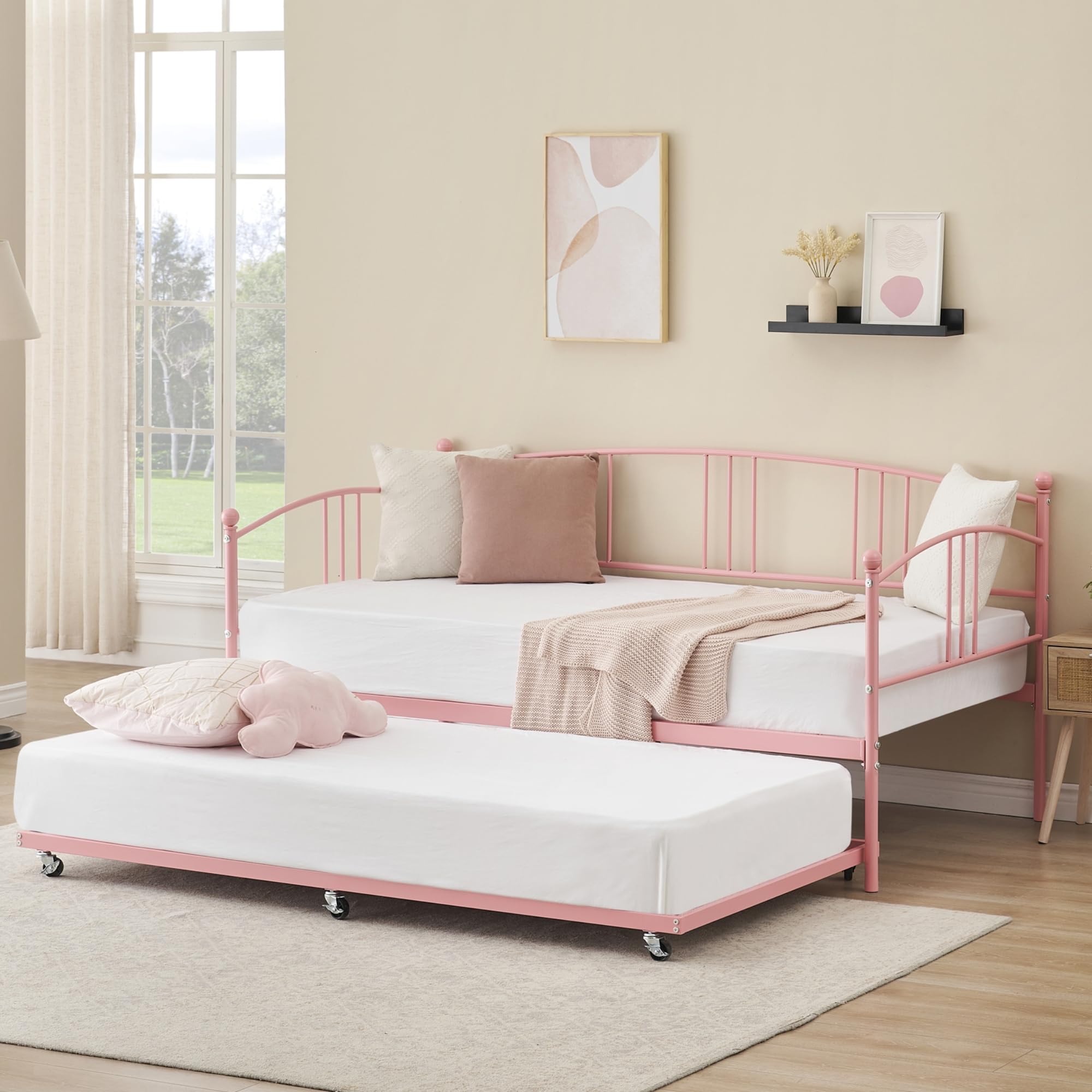 IDEALHOUSE Twin Daybed with Trundle, Metal Twin Size Daybed with Pullout Trundle 6 Casters, Steel Slat Support Sofa Bed for Living Room, Bedroom, Guest Room (Pink)