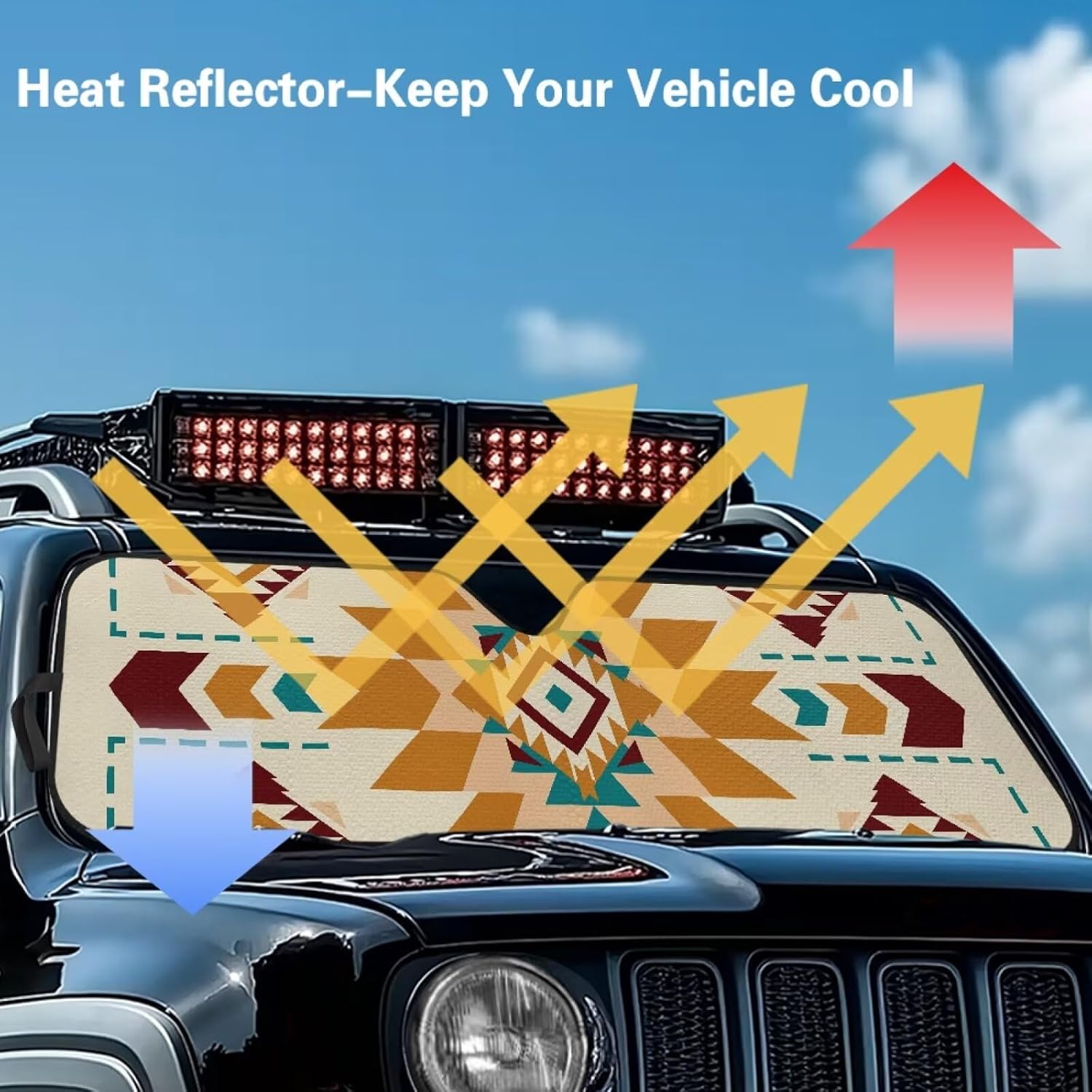 Pensura Windshield Sunshade Compatible with Jeep JK JKU JL JLU 1997-2023 & Gladiator JT 2020-2023 Aztec African Tribal Car Sun Shade Sun Visor Blocks UV Rays and Keep Vehicle Cool