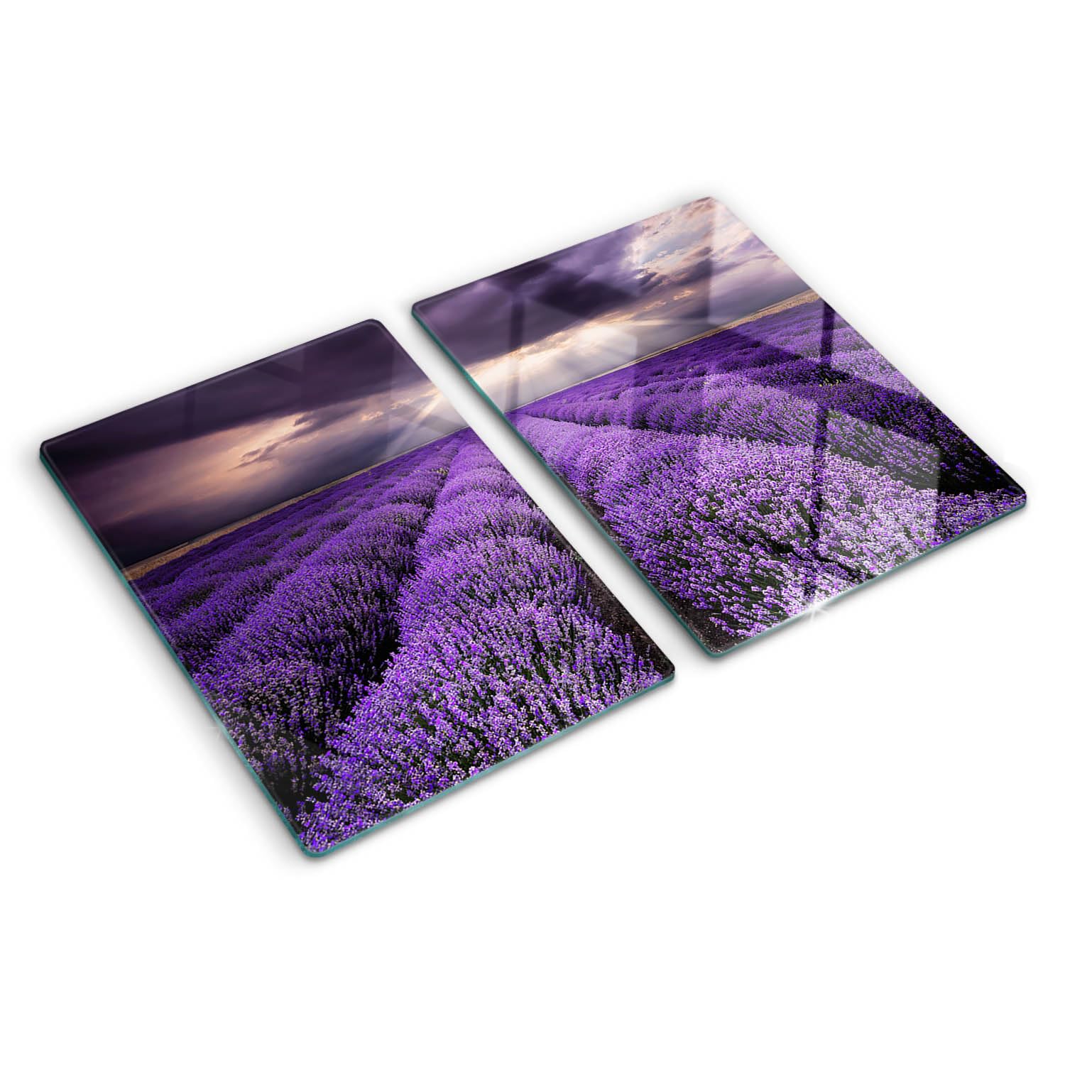 Planche à découper 40x52 cm en verre pour cuisine et protège-plaque motif lavande