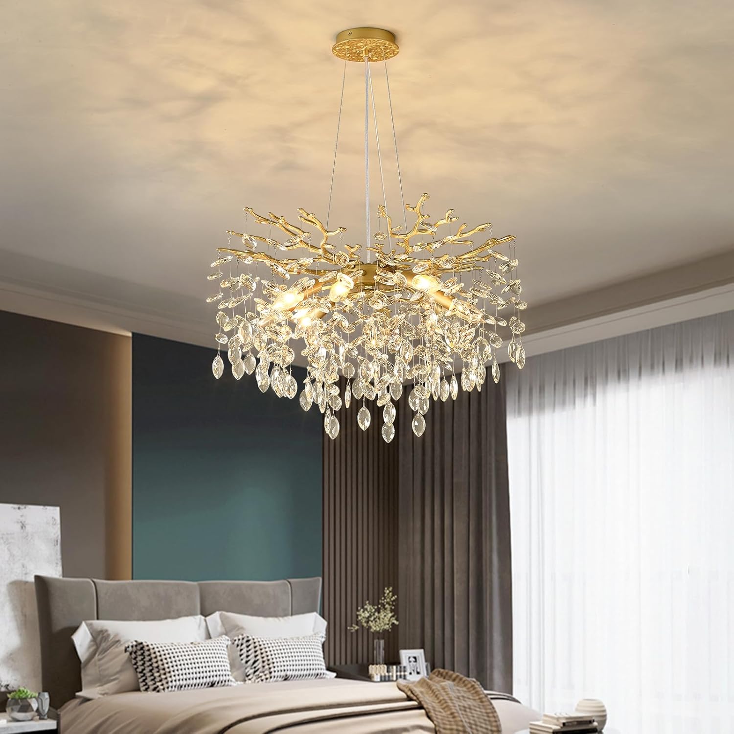 EGM Gold Crystal Chandelier, 24-Inch Modern Raindrop Light Fixtures 8-Light, Hanging Round Gold Dining Room Crystal Chandelier, Tree Branch Chandeliers for Bedroom Foyer E12