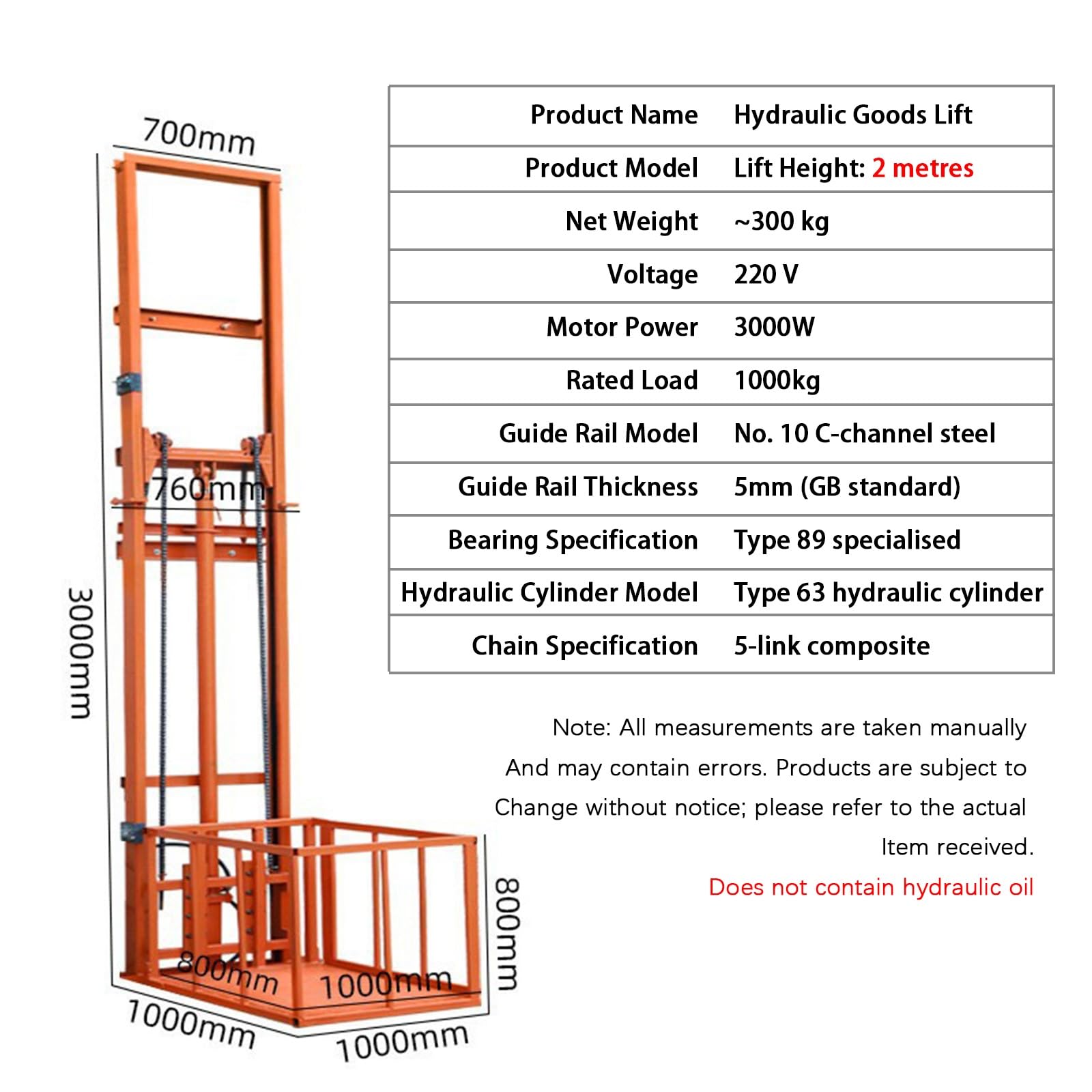 Elevador de carga hidráulico con control remoto por radio, plataforma de elevación pequeña para almacén y muelle, altura máxima de 2 m