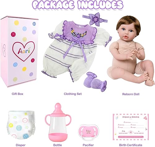 Miniatura 5 de Aori Reborn Baby Dolls - 22 Inch Realistic Lifelike Baby Girl - Handmade Vinyl Reborn Doll with Feeding Set & Purple Outfit Newborn Baby Doll for