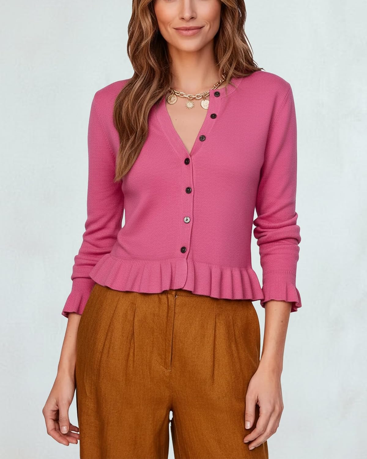 Womens Ruffle Cardigan Sweaters Fashion Long Sleeve Button Down Knit Peplum Cardigan Tops - Image 5