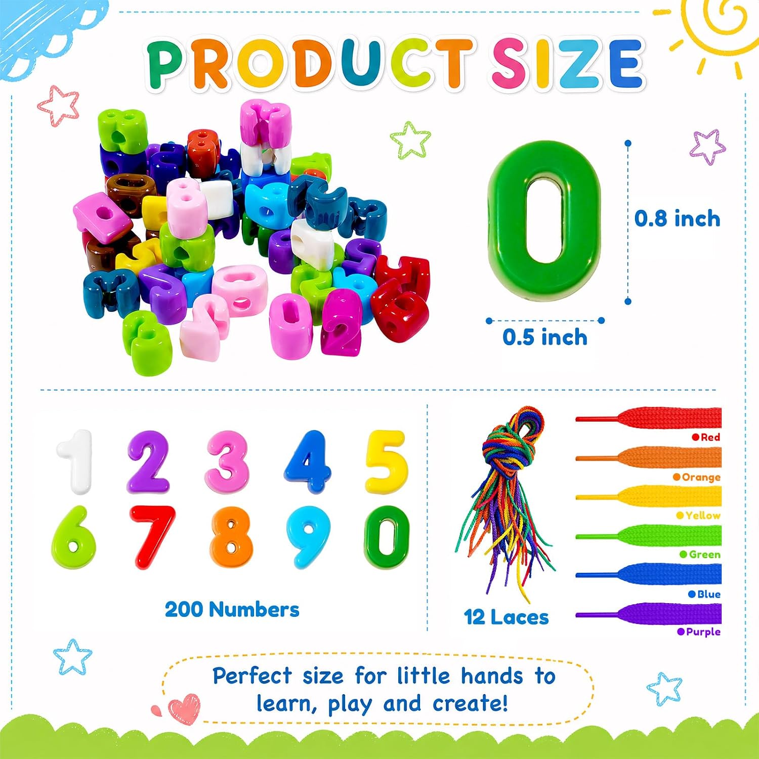 Bbiamsleep 212 Pcs Lacing Number Beads, Colorful Mixed | 12 Laces Included, Fine Motor Skills Training, Spelling Training