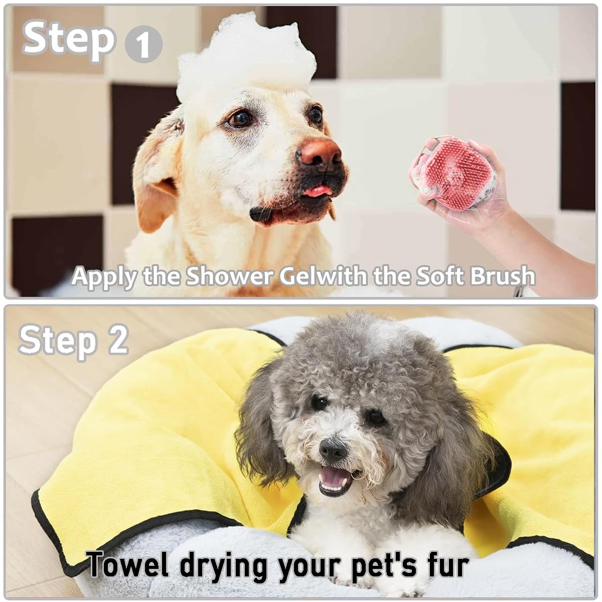 3 Stück Bürste Hund, mit 3 Handtüchern, Badebürste Hunde, Haustier Bürsten, Massagebürste für Hunde, Weiche Silikon Badebürste mit Ringgriff, Shampoo Dispenser für Beruhigende Massage Waschen