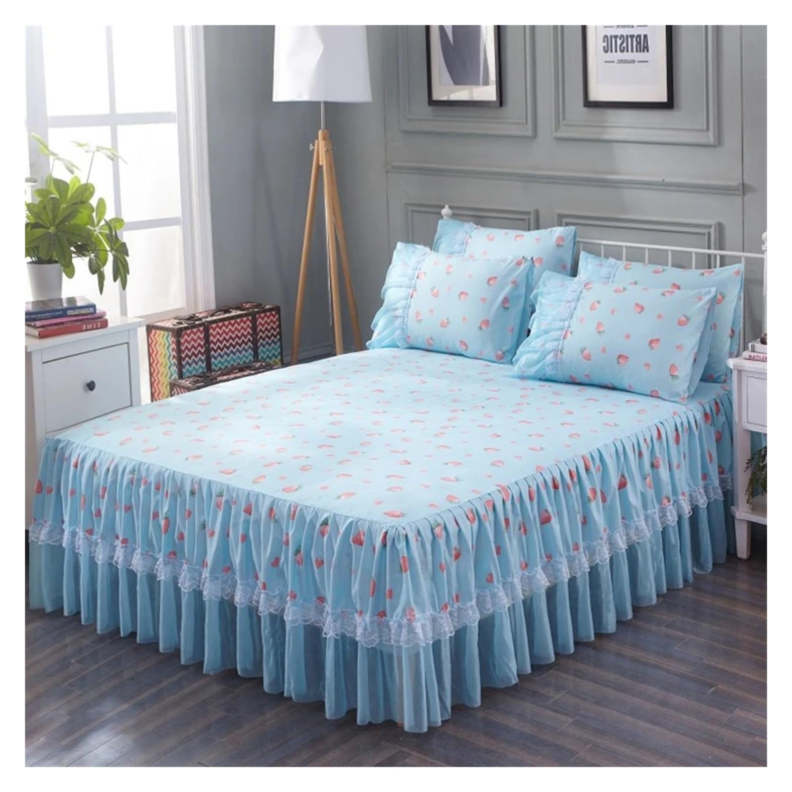 Bed Skirt Pillowcase Bed Set Ruffle Three Layers Lace Bedspreads Sheet Soft Fitted Sheet Cover(19,180x220cm 3pcs set)