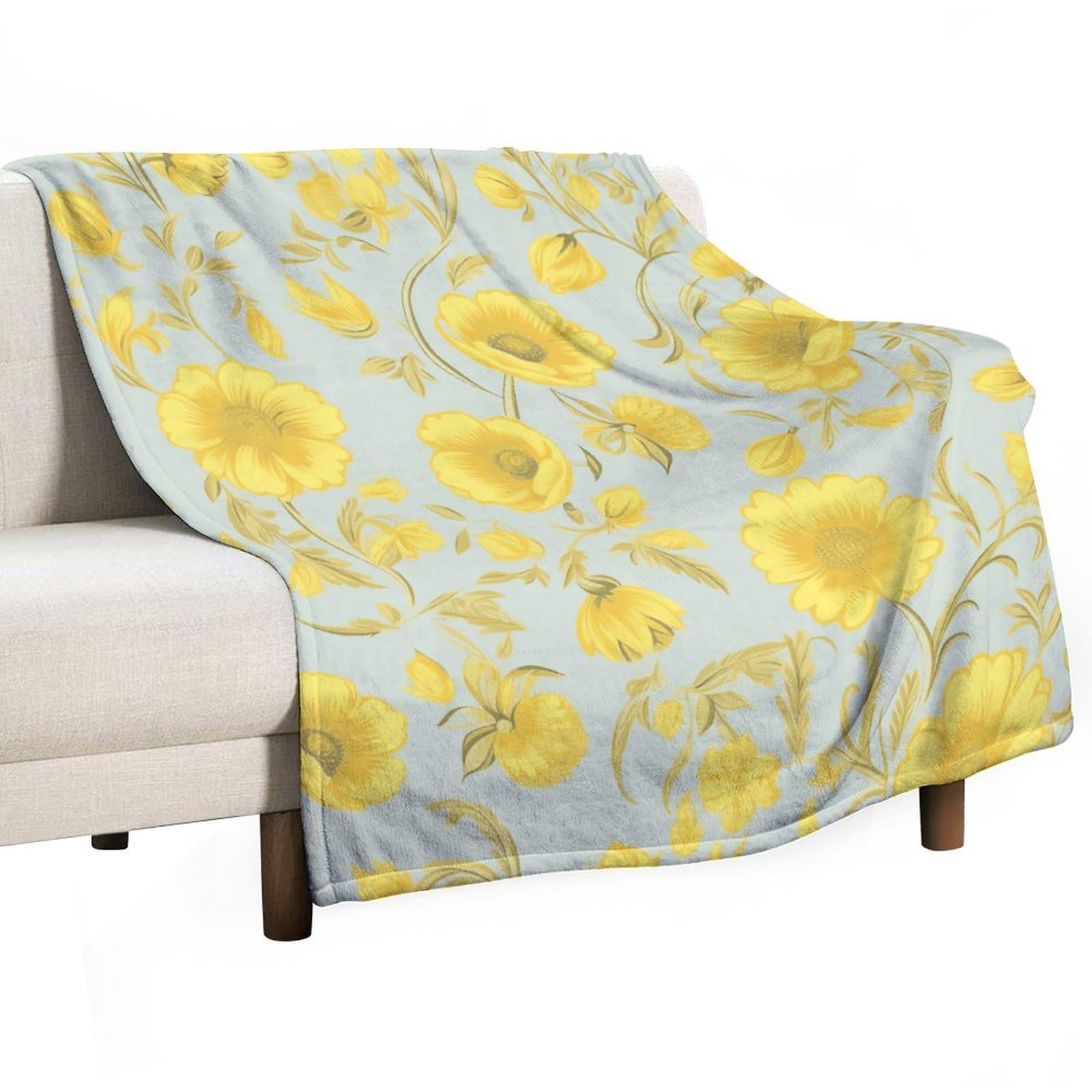 Couverture en flanelle douce jeté de lit imprimé floral jaune pour voyage et camping