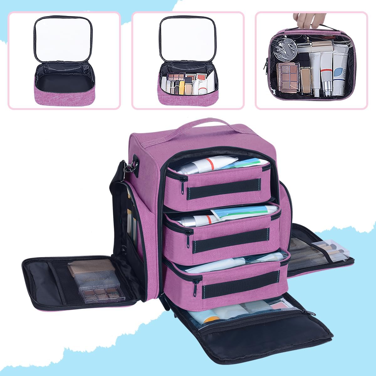 Large Makeup Bag Cosmetic Case Organizer with 3 Inner Removable Pouches Multifunctional Travel Train Storage,Purple