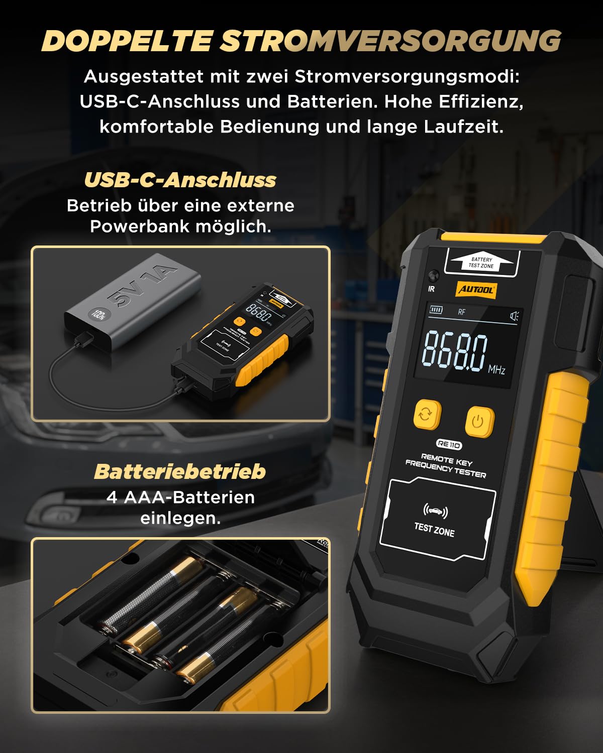 AUTOOL RE110 Fernschlüsseltester – Infrarot- & Funk-Fernbedienungs-Frequenztester, RF-/IR-Signalerkennung 315/433/868/902 MHz, universell einsetzbar für Autos, Garagen und Schlüsselkarten