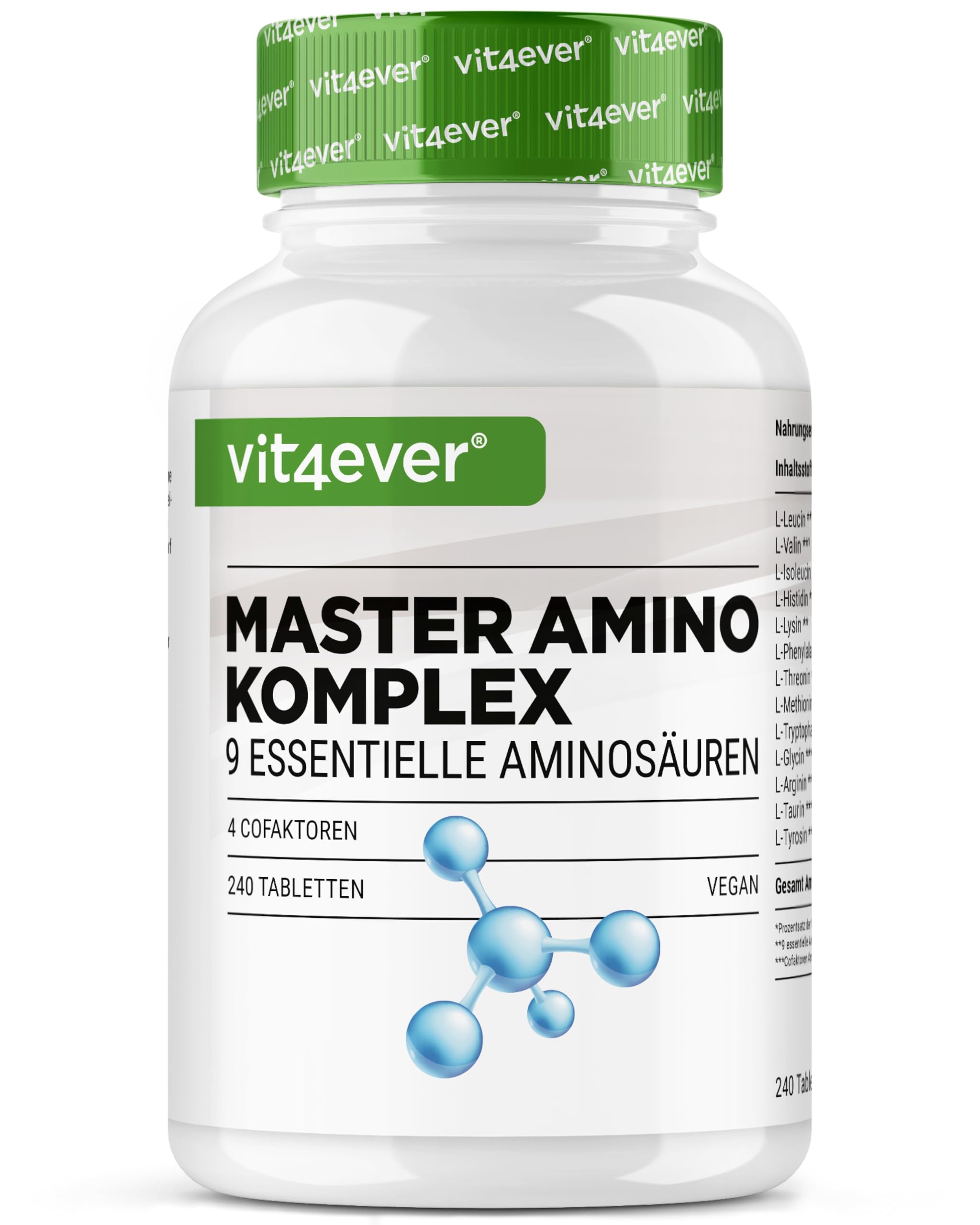vit4ever Master Aminosäuren Komplex - 240 vegane Amino Tabletten mit 6000 mg pro Tagesdosis mit 13 verschiedenen Aminosäuren (inklusive BCAAs & CO-Faktoren) - EAA Pattern Presslinge