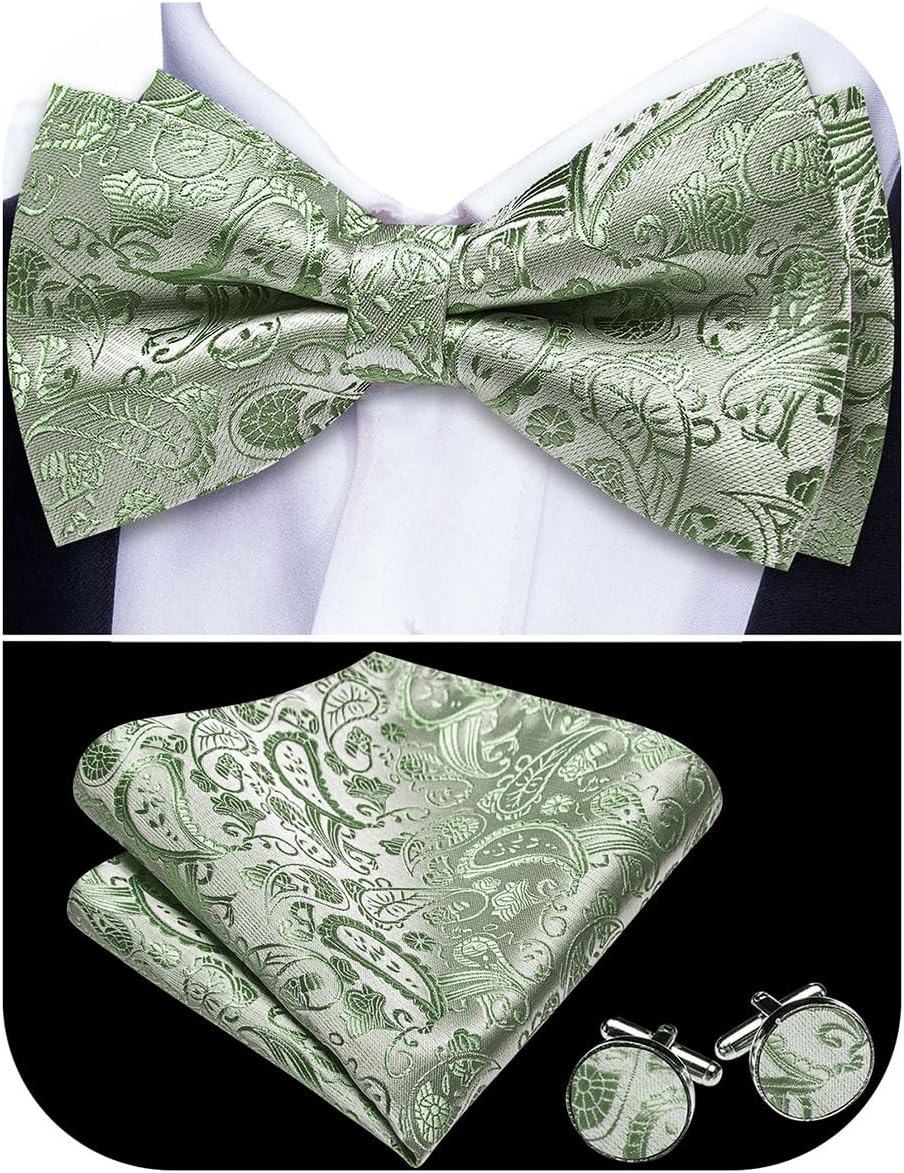 Barry.Wang Paisley Striped Bow Tie for Men Silk Pre-Tied Bowtie Pocket Square Cufflinks Set Formal Wedding Party Prom