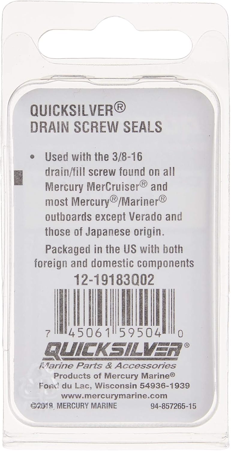 Quicksilver 19183Q02 Lower Unit Gear Lube Drain and Fill Hole Screw Seal