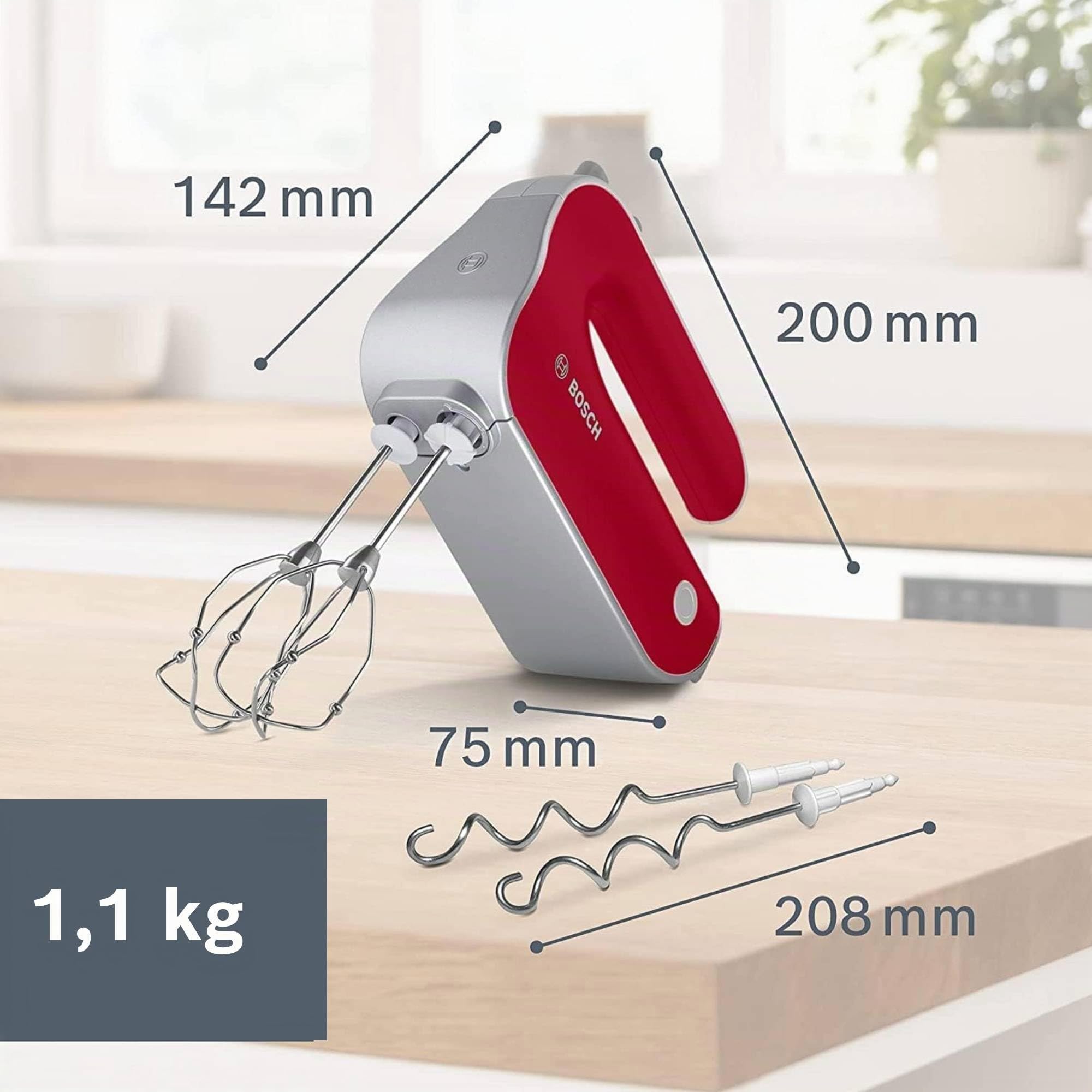 Bosch - Batidora de Repostería Styline, 500W, 5 velocidades, Varillas FineCreamer, Cuchillas de Acero Inoxidable, Rojo, MFQ40303