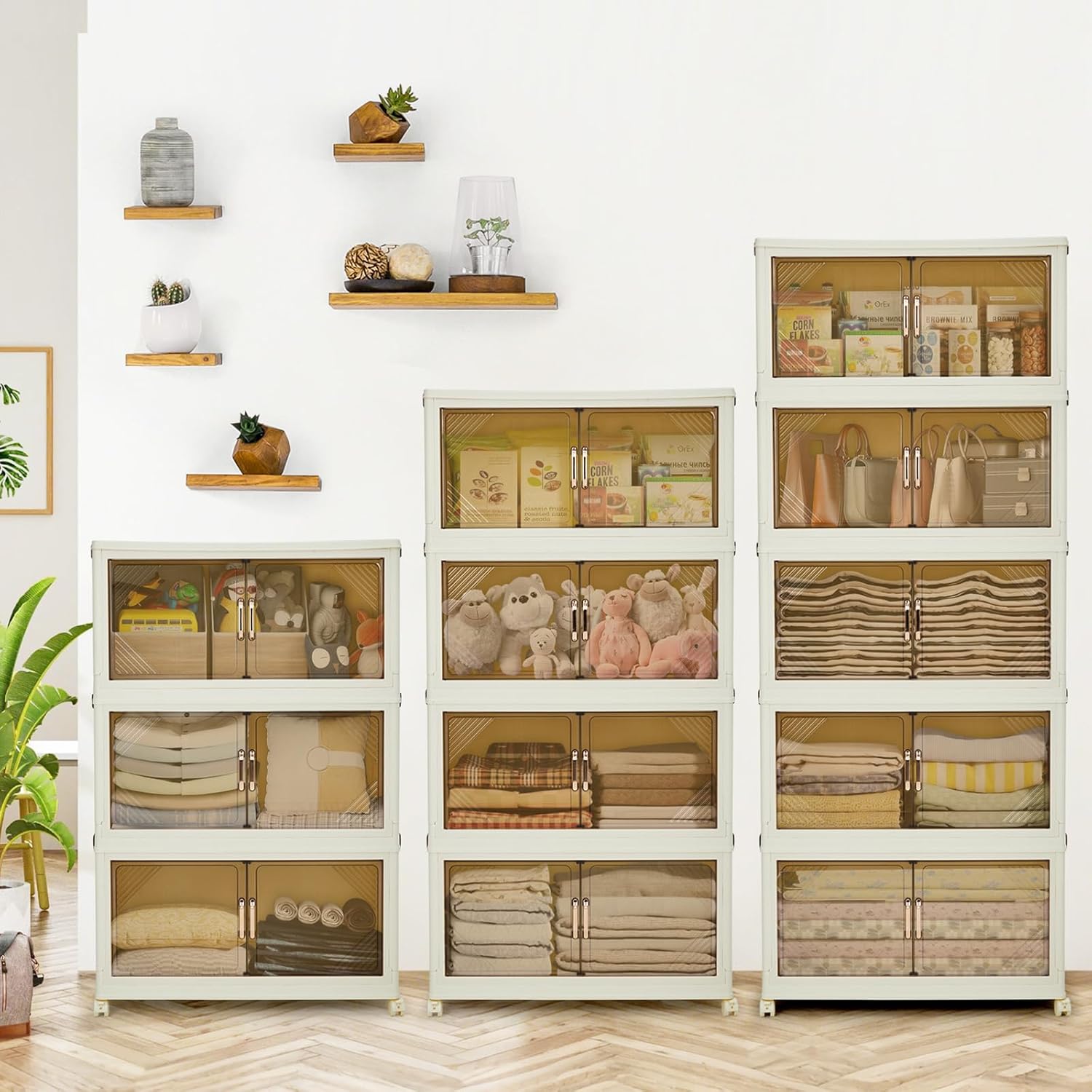 475QT Stackable Plastic Storage Bin with Lid, Collapsible Storage Drawer, Magnetic Doors, Lockable Wheels, Collapsible Organizer for Closet, Bedroom, Office