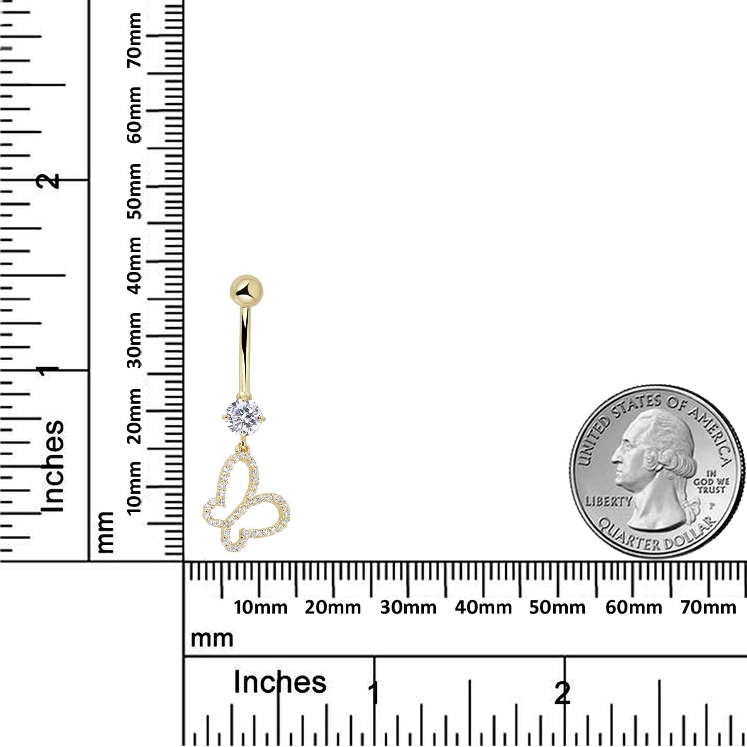 AVORA 10K Gold Simulated Diamond CZ Dangling Open Butterfly Belly Button Ring Body Jewelry (14 Gauge)