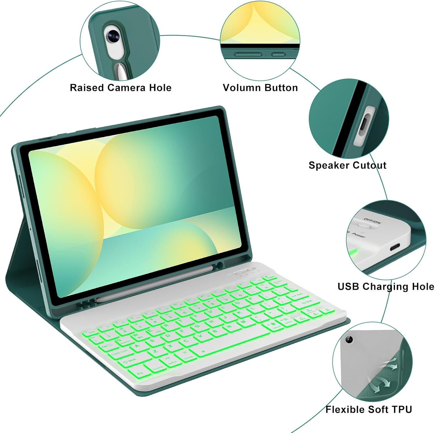 Keyboard Case for Samsung Galaxy Tab S10 Lite S10 FE S9 FE 10.9 Inch S9 11 Inch, 7 Color Backlit Detachable Bluetooth Keyboard with Pen Holder for Samsung Tablet 10.9'', Green