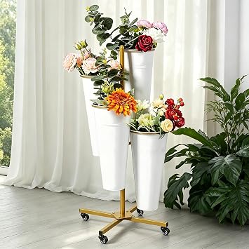 Flower Display Stand With Buckets,Flower Holder With Wheels, Moving Bouquet Shelf Rack For Patio Garden Balcony Flower Shop, Outdoor Flower Pop-Up Events (Gold Shelf 4 White Bucket)