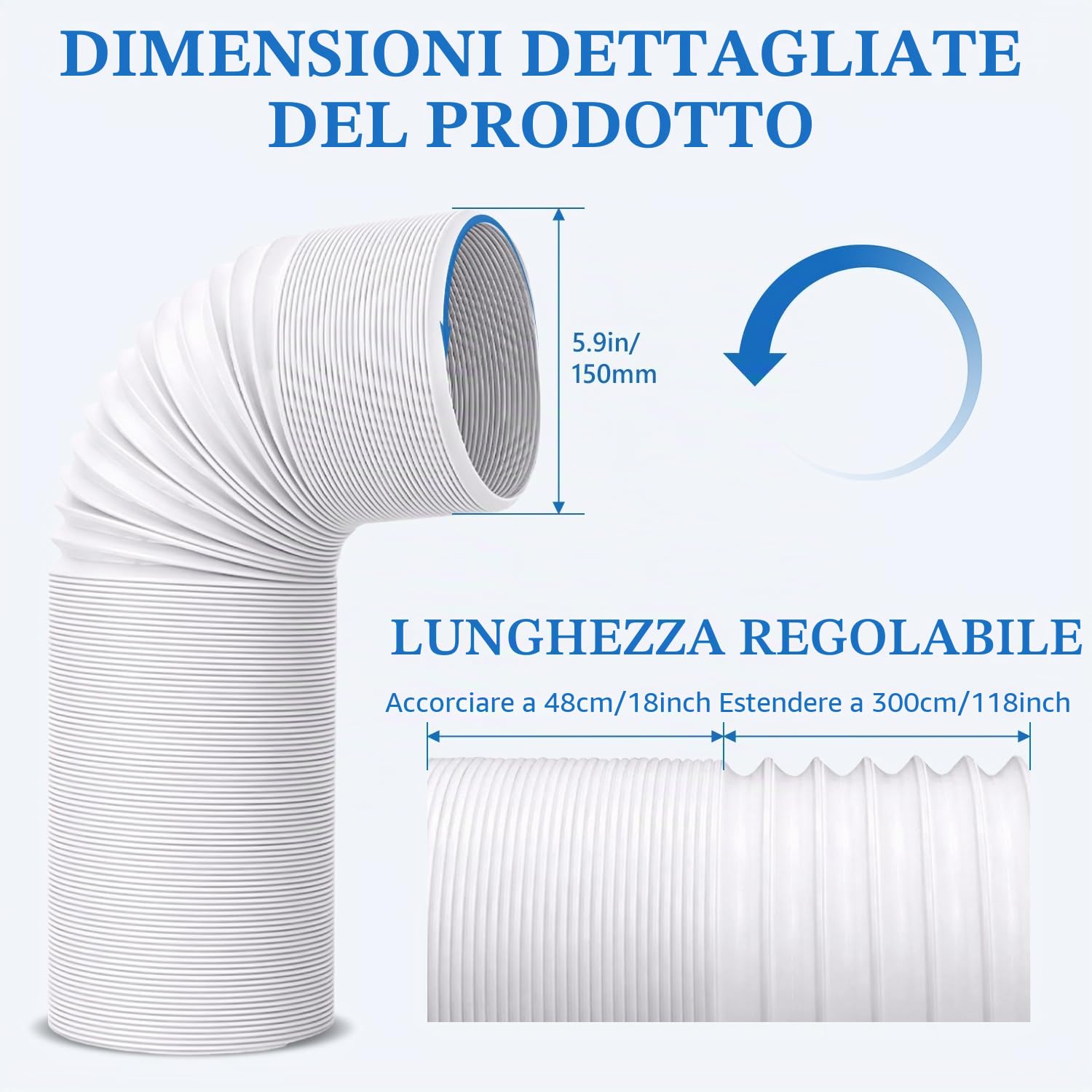Tissting Tubo Flessibile Per Condizionatore, 15cm*3m/5.91 * 118.11in | PP filo Acciaio Allungabile in Senso Antiorario AC Tubos di Sfiato per Condizionatori D'aria, Asciugatrici