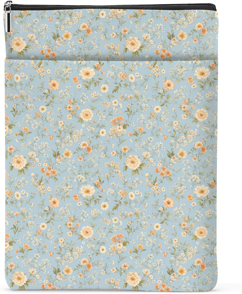 Book Lovers Gifts Book Sleeve Waterproof Book Pouch Protector with Zipper and Front Pocket BookCover Case for Women Girl Readers Sister Friends Thanksgiving Bookish Gifts Vintage Wildflower Pattern