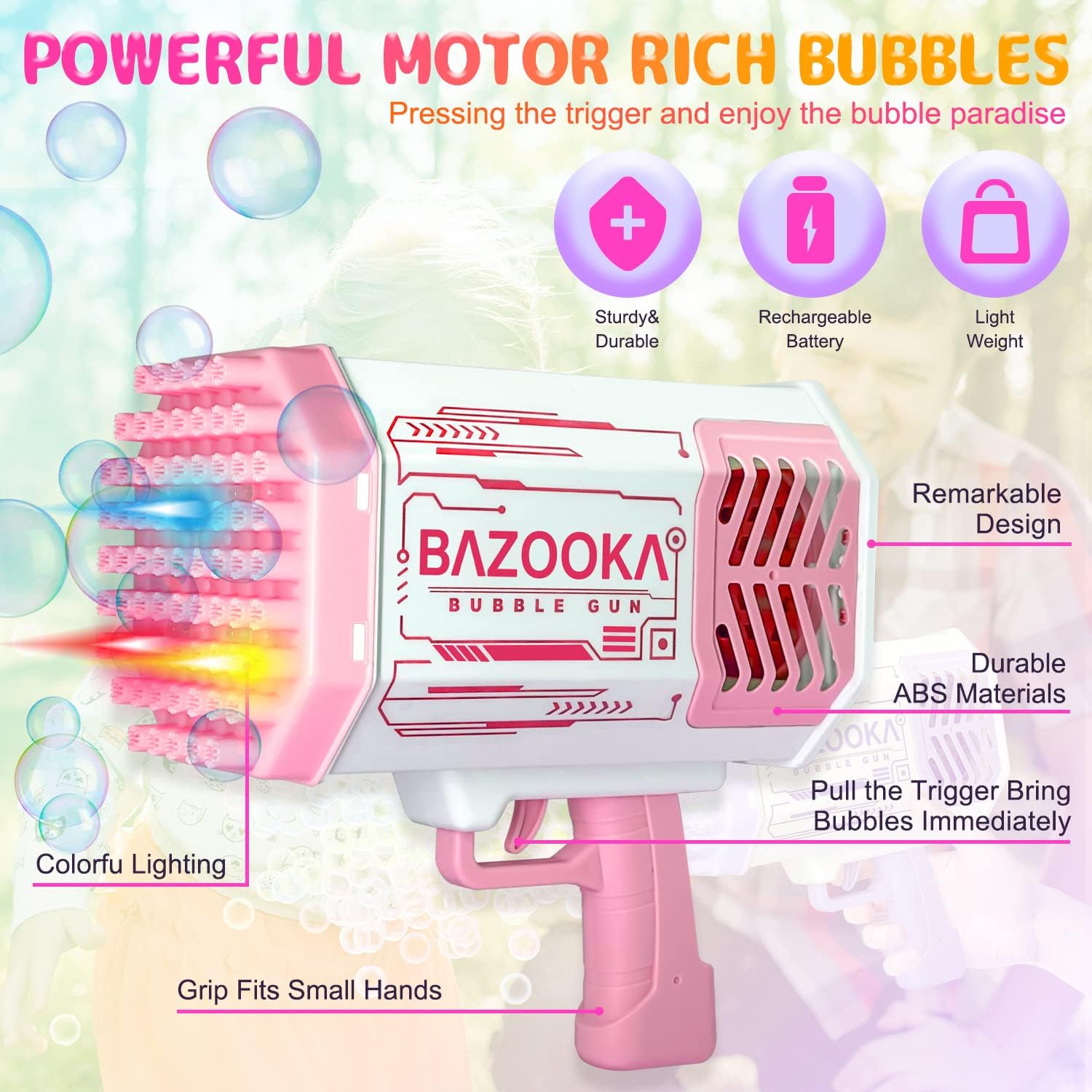 Bubble Machine, 69 Holes Bubble Maker with Colourful Flash Lights, Bubble Maker for Kids Toddlers Adults, Bubble Blower Toys for Wedding Party Summer Birthday Gifts (Pink)