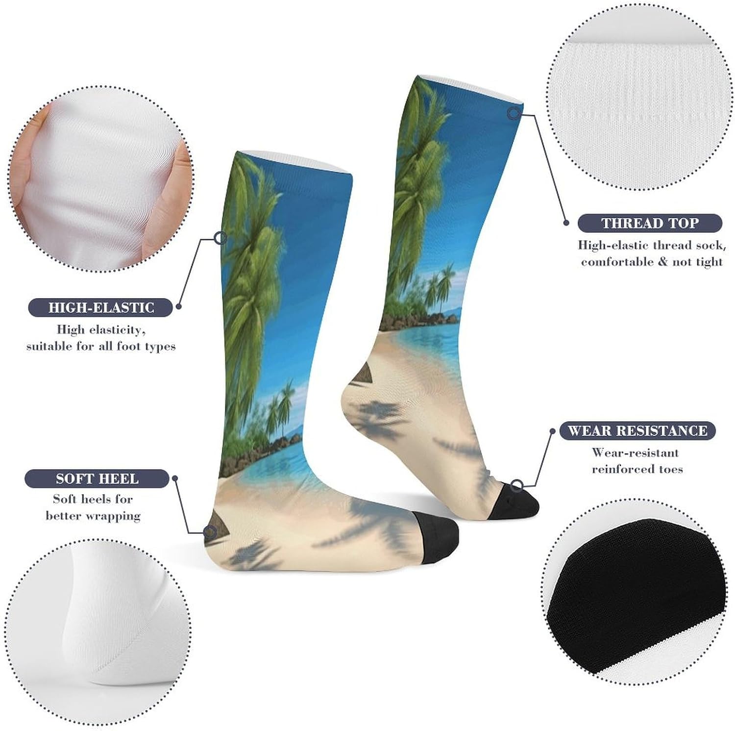 Hawaiian Beach with Palm Trees Compression Socks for Men Women, Soft Breathable Knee High Socks Comfort Over The Calf Tube Sock