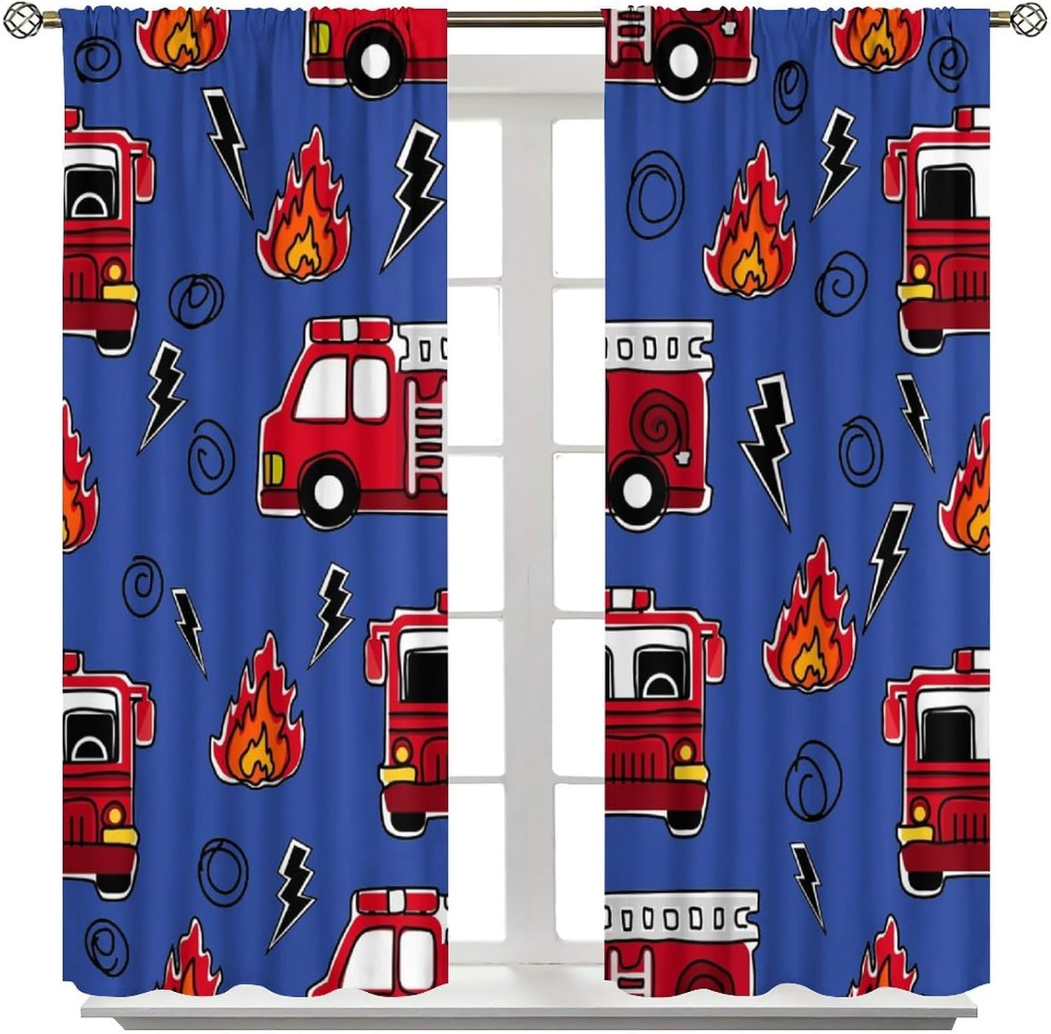 Fire Truck Curtains Boys Bedroom,Blue Red Fire Engine Cartoon Car Theme Blackout Rod Pocket Window Treatments for Kids Baby Toddler Children Playroom Living Nursery Drapes 72" W X 63" L