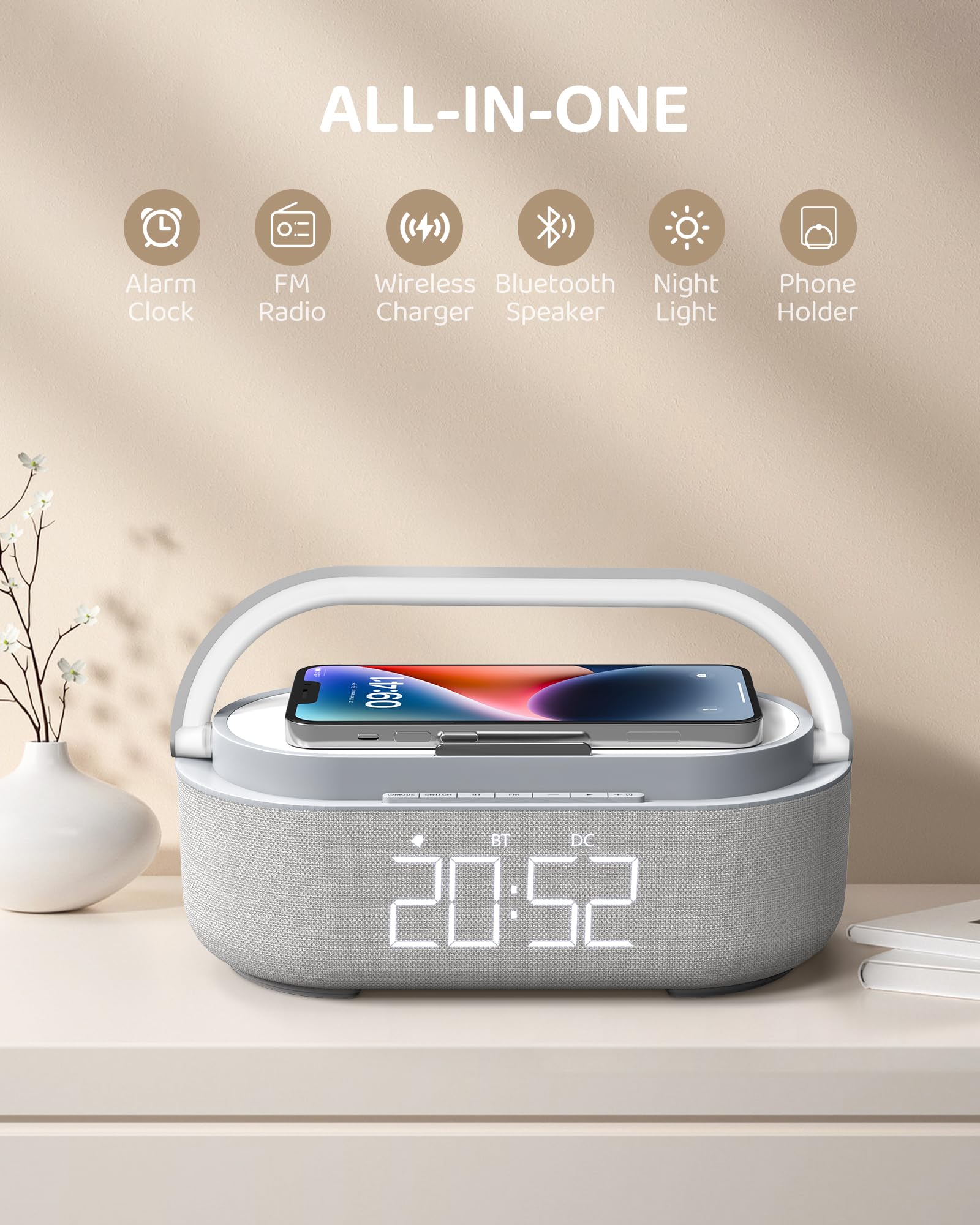 COLSUR Radiosveglia Digitale con Ricarica Wireless, Radio FM Sveglia con Display LED Regolabile