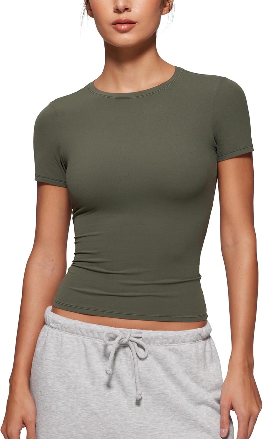 CRZ YOGA Softembrace High Neck Tops for Women - Soft Casual Going Out Shirts Crewneck Tight Basic Short Sleeve T-Shirt