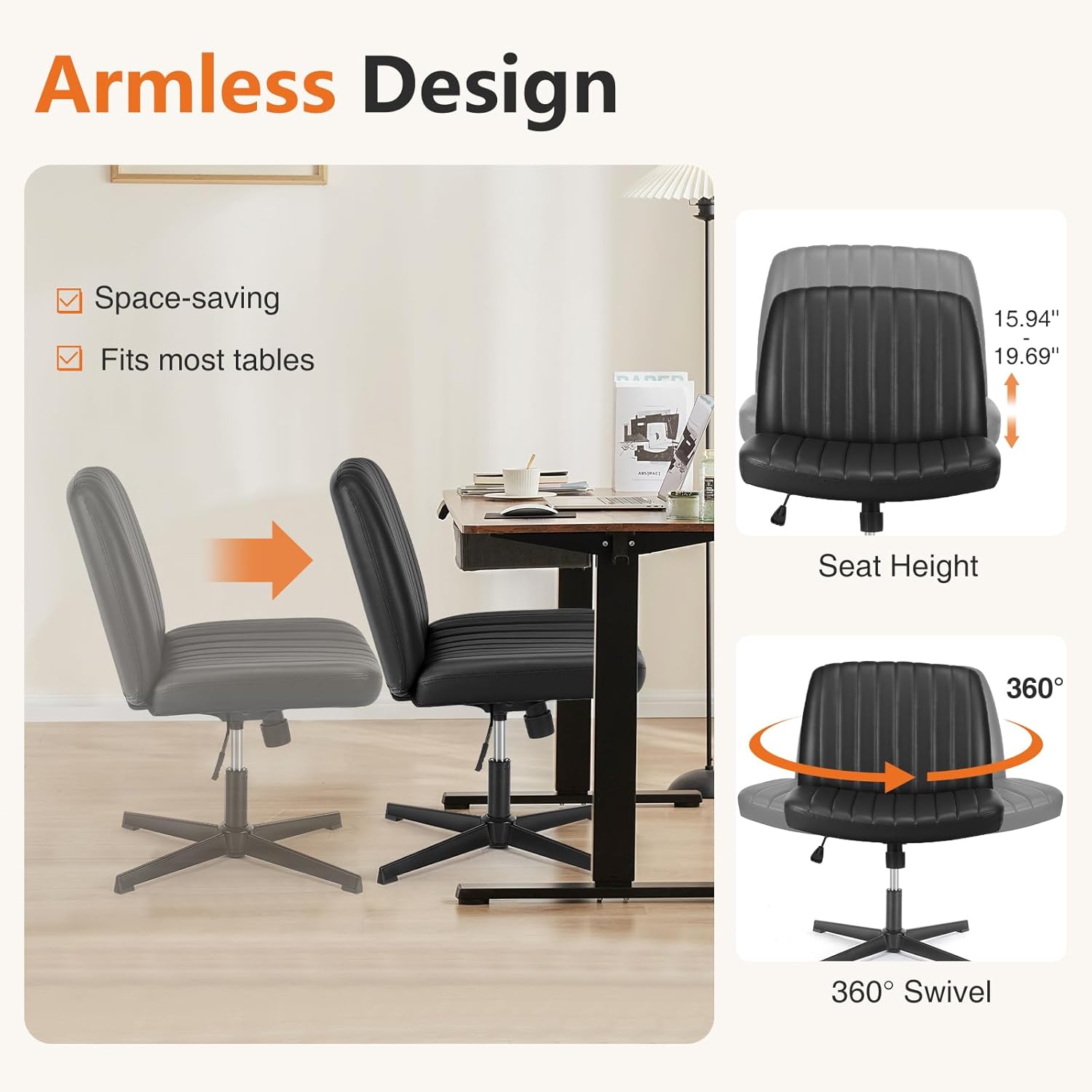 Sweetcrispy Criss Cross Chair Legged, Armless Office Swivel Desk Chair No Wheels, Vanity Height Adjustable Wide Seat Faux Leather Computer Task Seating for Home Bedroom
