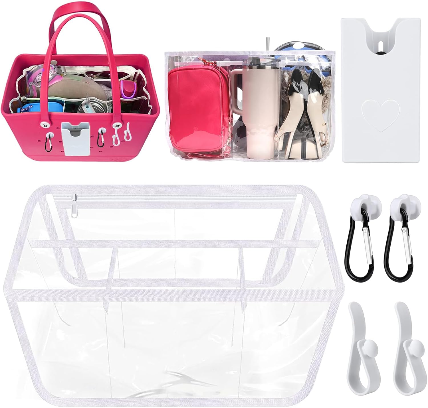 6 PCS Waterproof Beach Bag Organizer Accessories for XL Bogg Bag, Clear Divider Insert with Phone Holder, Hooks and Carabiners, Storage Organizer for Extra Large Beach Tote