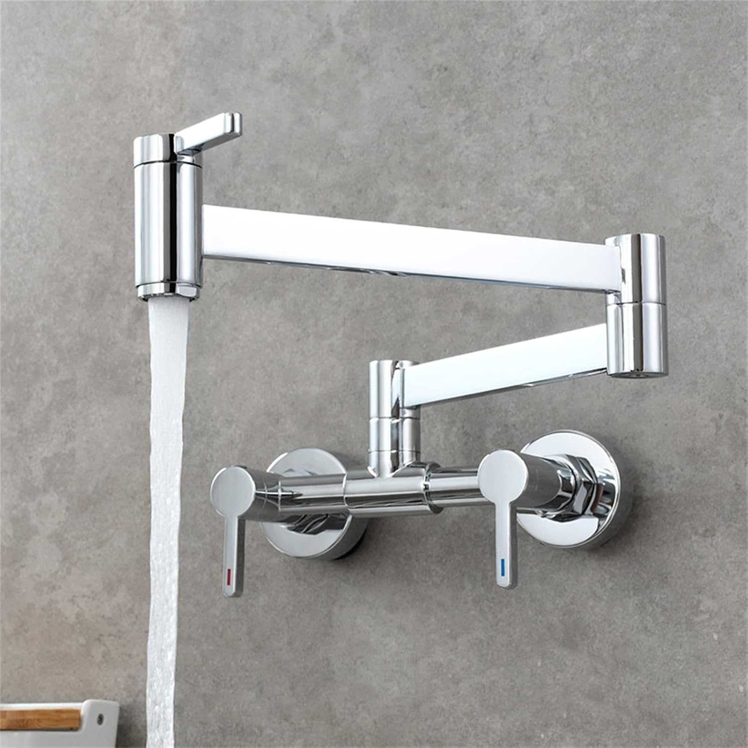 Pot Filler Faucet Wall Mounted,3 Handles 2 Holes Hot and Cold Folding Kitchen Sink Faucet with Double Joint Swing Arm,Brass Kitchen Sink Tap,Chrome,Chrome-