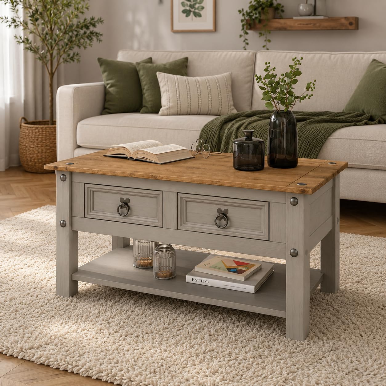 Corona Coffee Table Grey 2 Drawer Mexican Waxed Pine Solid Wood Occasional