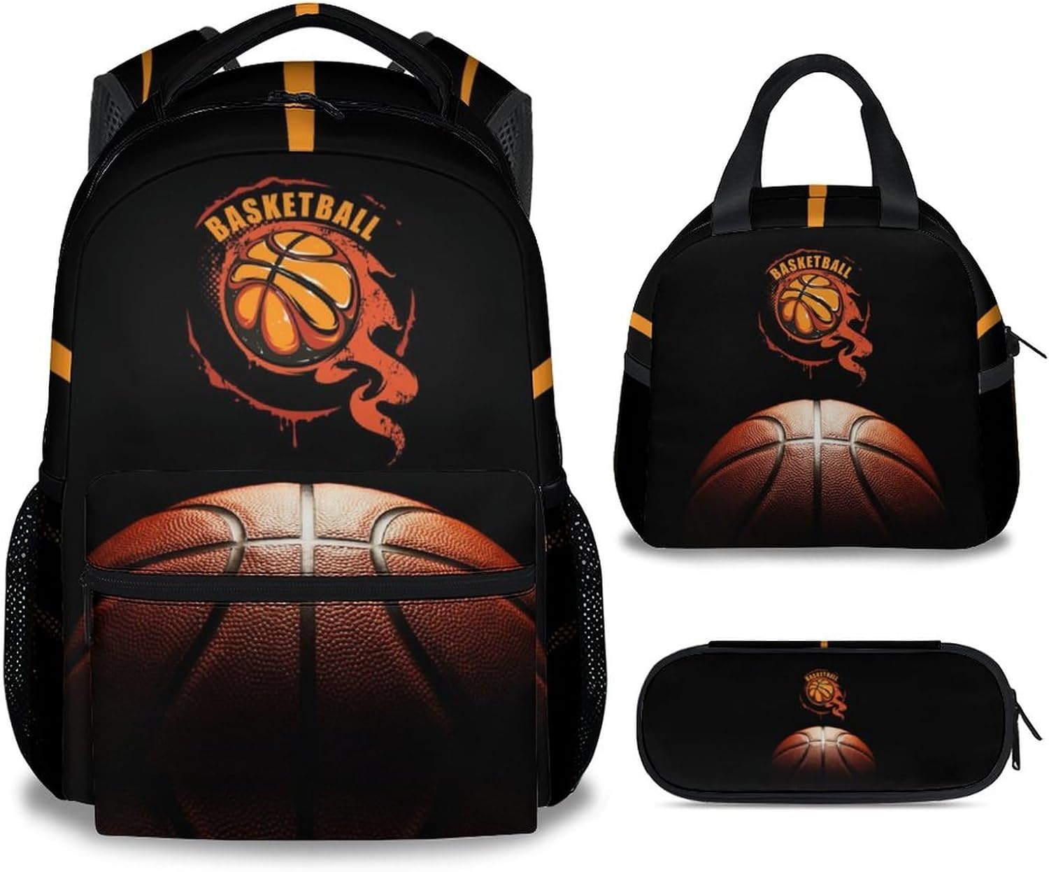 Basketball Backpack with Lunch Box and Pencil Case Set, 3 in 1 Matching Boys Black Backpacks Combo, Cool Bookbag and Pencil Case Bundle