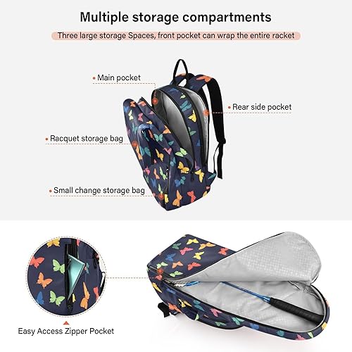 Miniatura 5 de Bolsa de pelota de raqueta de tenis, impermeable, coloridas mariposas, color negro, 3 raquetas de bádminton, bolsa de pickleball para adolescentes,