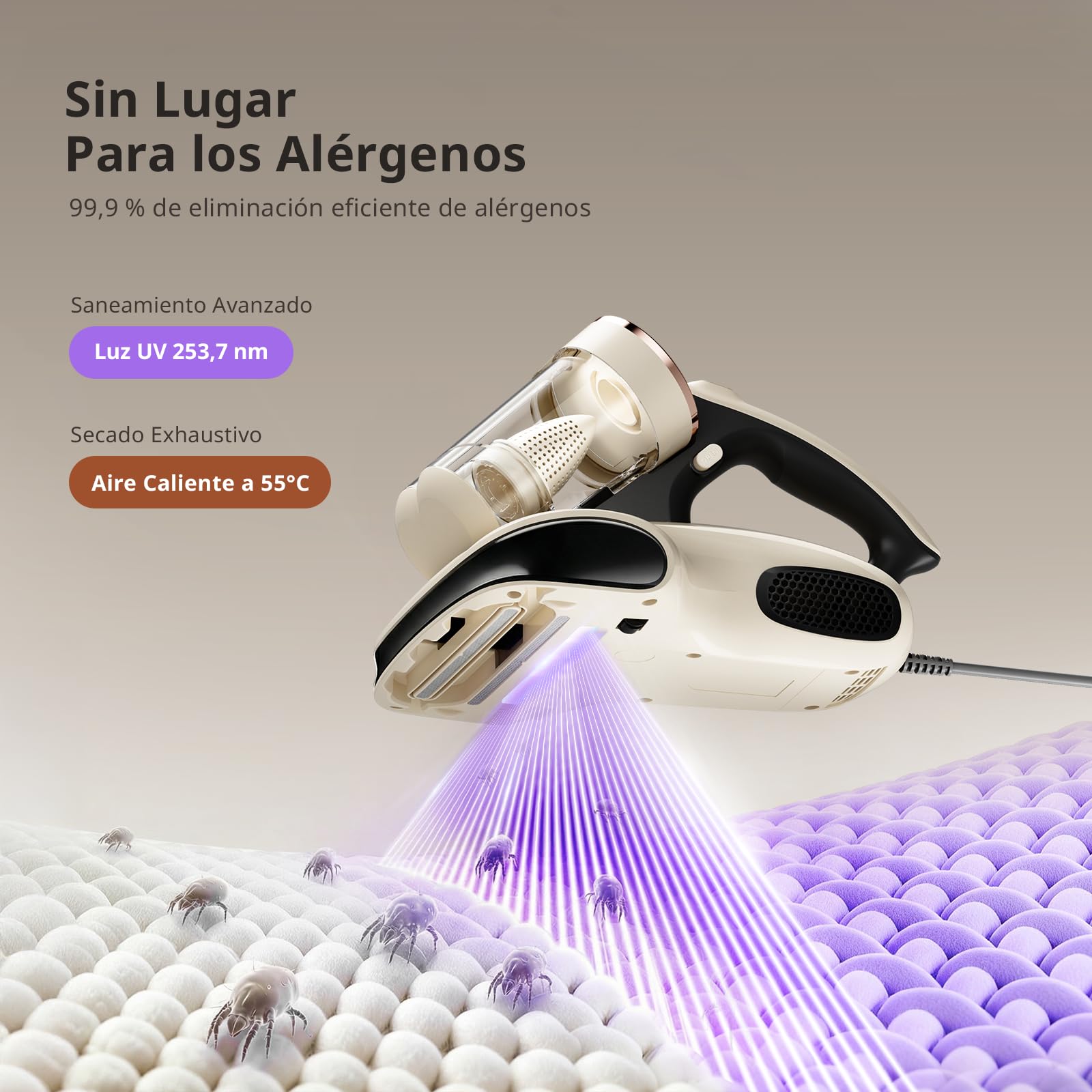 JIGOO S100 Aspirador de ácaros, Aspiradora Antiacaros para colchones con Sensor de ácaros, Pantalla LED, vibración, luz UV, ultrasonido, Elimina 99.9%, Especial Alergias, para Colchones y Sofás
