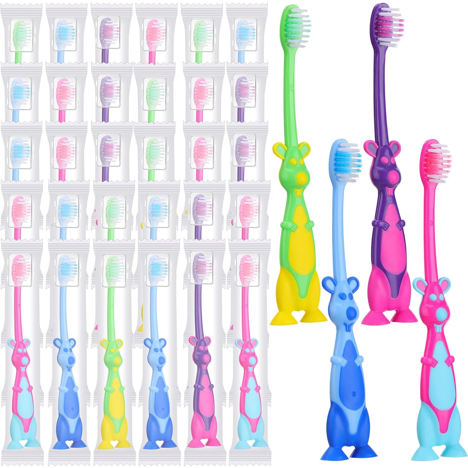 Gerrii Kids Toothbrushes Bulk Soft Lovely Little Kangaroo with Covers Suction Cup Individually Wrapped for Children Toddler Home