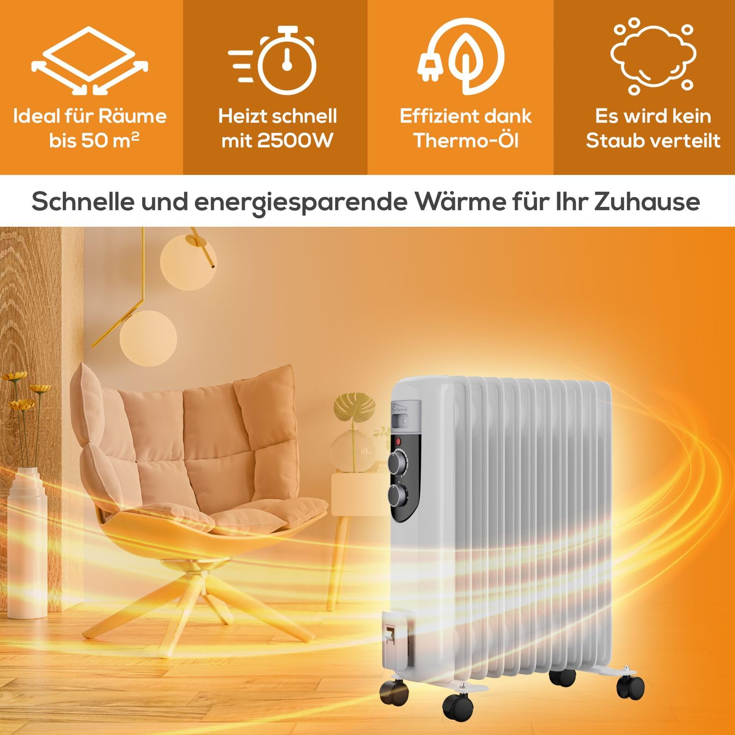 Tronitechnik® Elektroheizung Ölradiator Öl-Heizung Radiator 3 Heizstufen 11 Rippen Elektrischer Heizkörper Energiesparend Thermostat Überhitzungsschutz Heizgerät