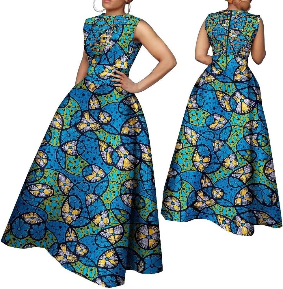 iooiooi Weave Hollow Out African Women for Dresses Sexy Wax Print Sleeveless Dress