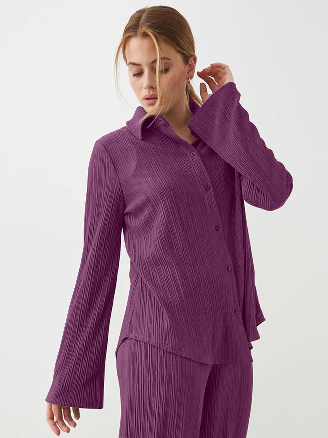 TRENDMALLS Women's Cotton Blend Shirt with Trouser Co Ords Set (C27-Wine-S)