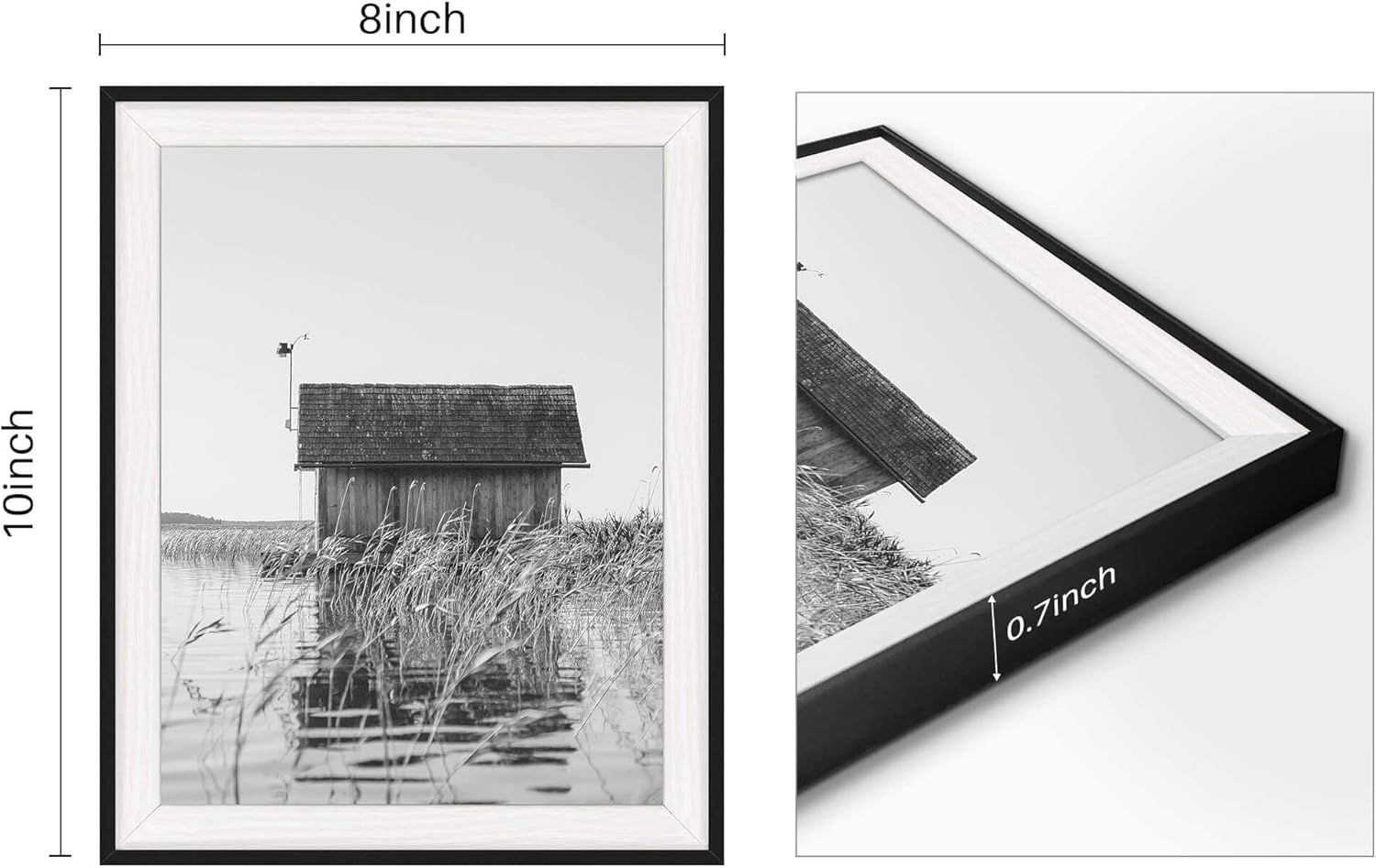 Framed Lake Wall Art Picture: Pier Landscape Print Black Foggy Nature Scene Painting Decor 6 Piece Calming Vertical Boat Artwork for Bedroom Living Room Office (Glass Panel Protection)