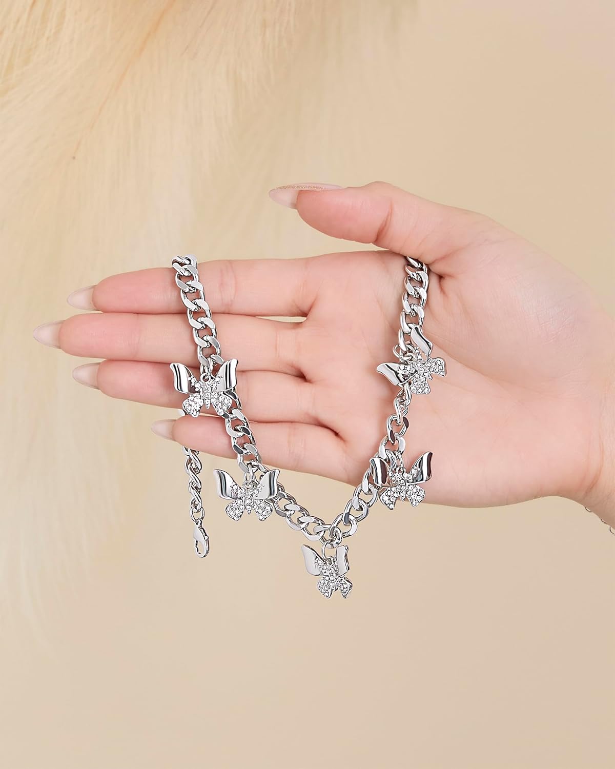 Jessica Simpson Butterfly Necklace for Women 15"+3", Chunky Necklace Silver-Tone with Butterfly Charms and Crystals - Image 4