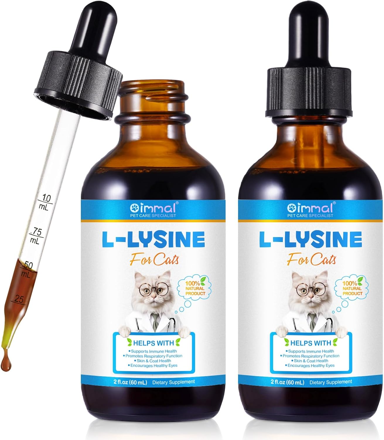 Lysine for Cats, Cat L-lysine Supplement Support Immune for Feline Respiratory, Sneezing, Runny Nose, Eye Function, Helps Strengthen Natural Defenses - Chicken Flavor 60ml-2PCS
